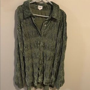 BiBi forest/olive GREEN, long-sleeved, button down, textured shirt; size XL